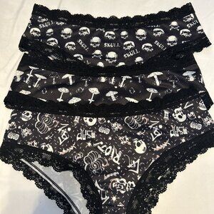 Morvia 3pk lace trim goth Skater Emo panties M Skulls, Bones & Mushrooms New